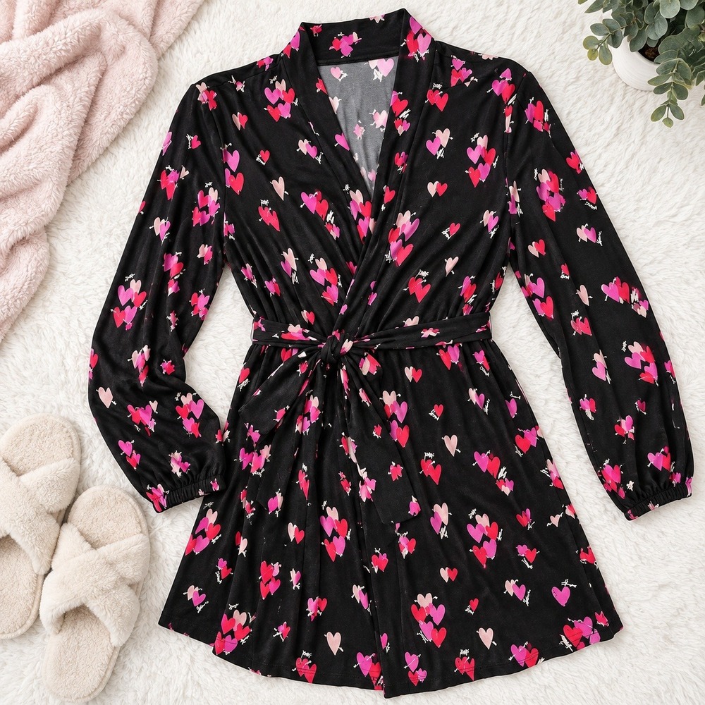 Soma Robe Women L/XL Black Pink Heart Print Long Sleeve Belted Loungewear Wrap